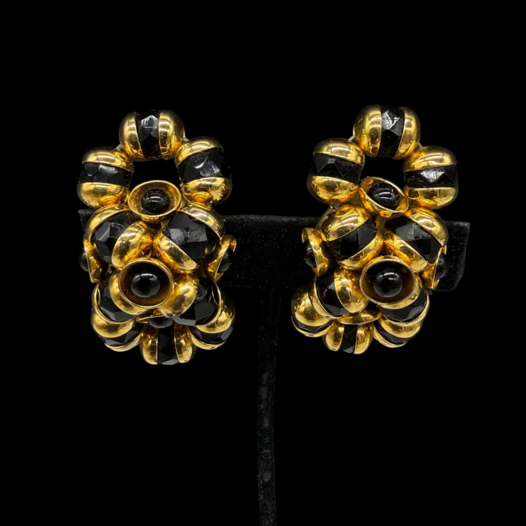 Vintage c. 1950s Francoise Montague Black & Gold-Tone Double-Bead Clip Earrings