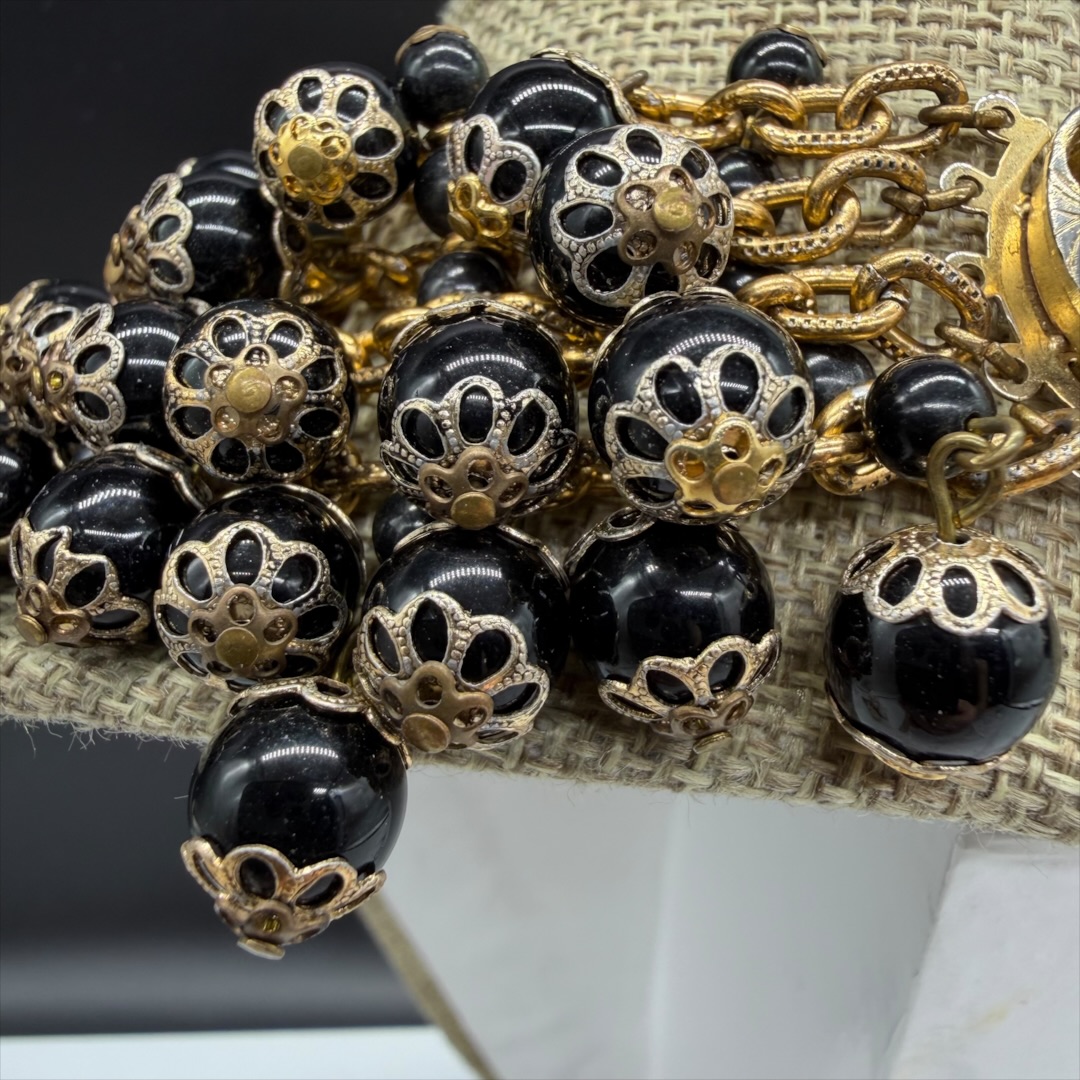 1950s West German black glass statement collar necklace beads.