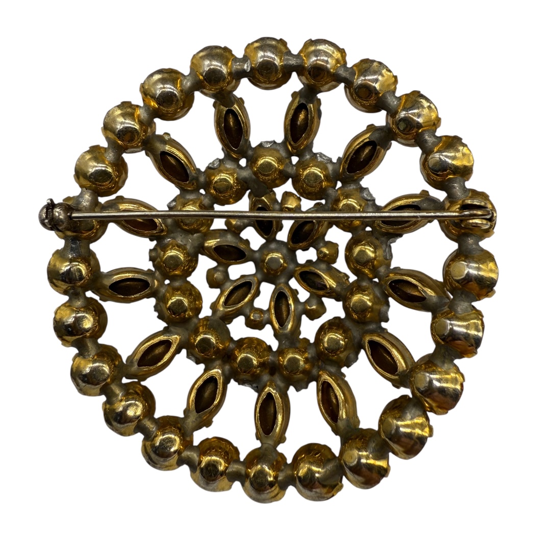 Vintage 1950s Czech Topaz & Amethyst Rhinestone Brooch back.