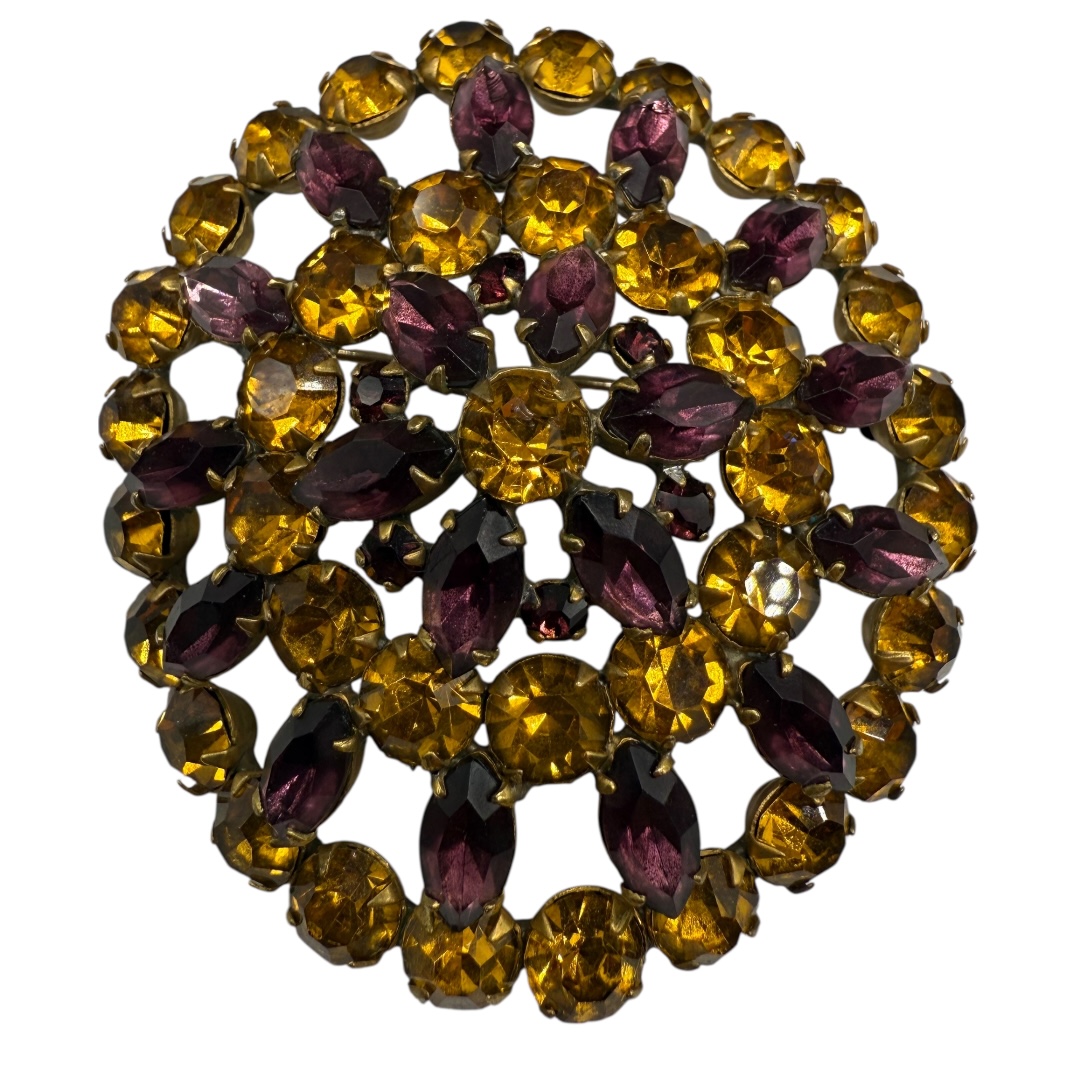 Vintage 1950s Czech Topaz & Amethyst Rhinestone Brooch