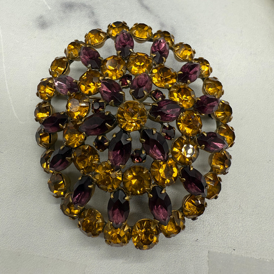 Vintage 1950s Czech Topaz & Amethyst Rhinestone Brooch
