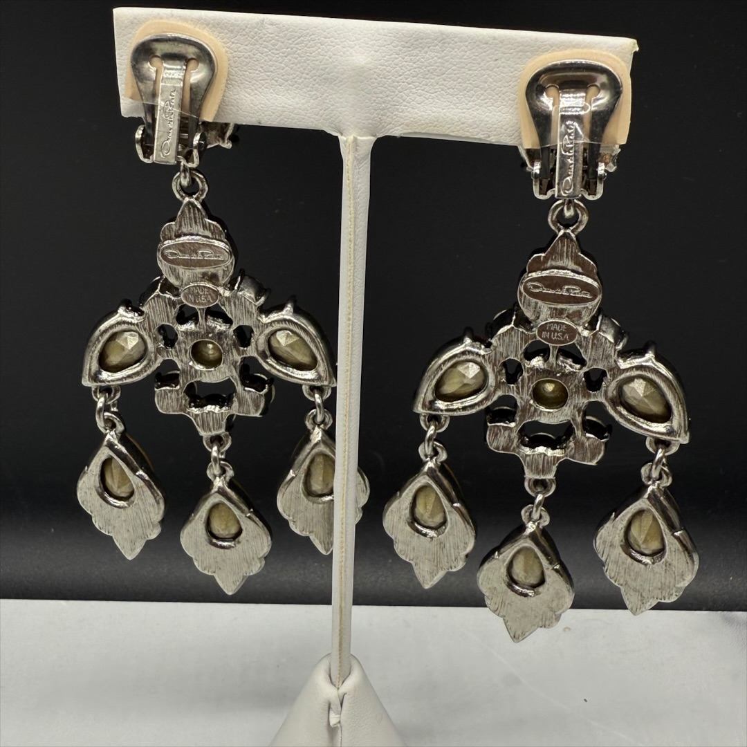 Early 2000s Oscar de la Renta Girandole Revival Rhinestone Chandelier Earrings by Gem-Craft backs.
